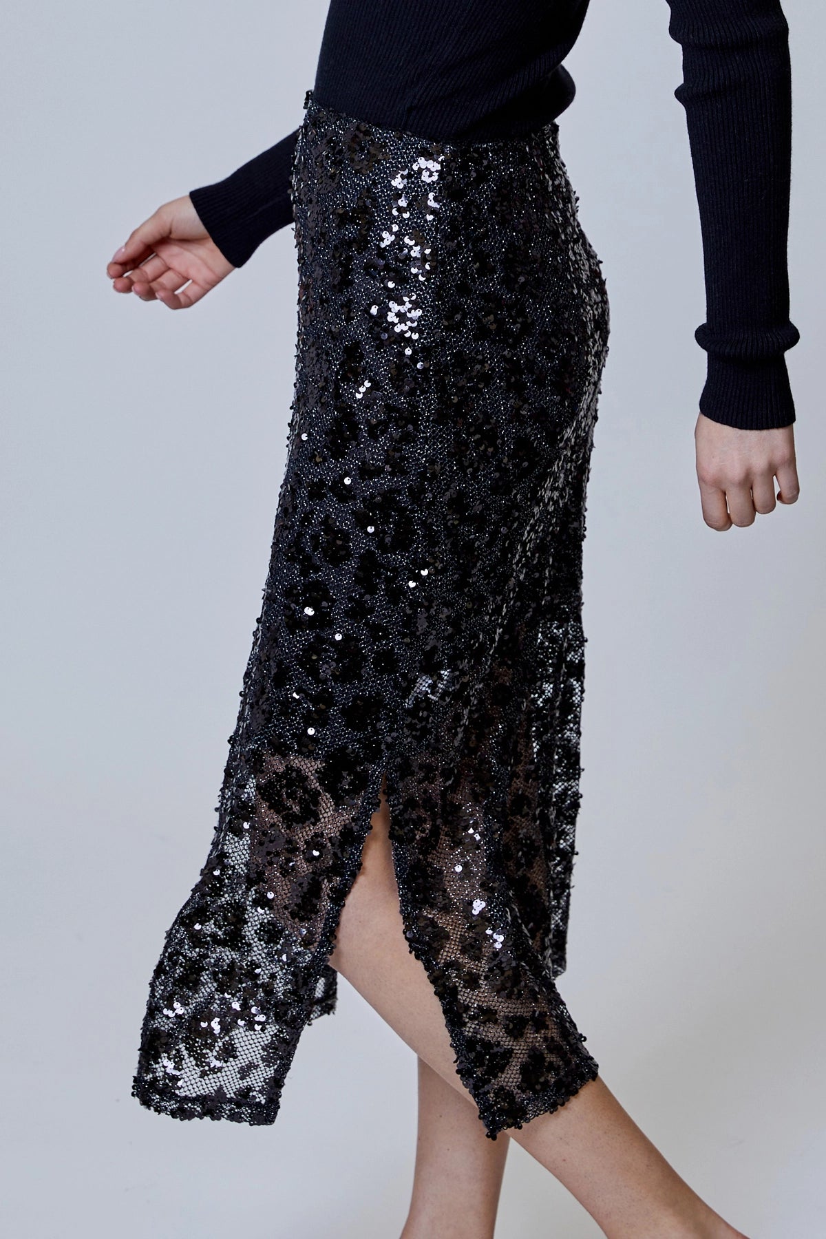 Sequin Leopard Midi Skirt